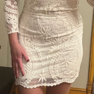 Express Cream Long Sleeve Lace Dress with Slip